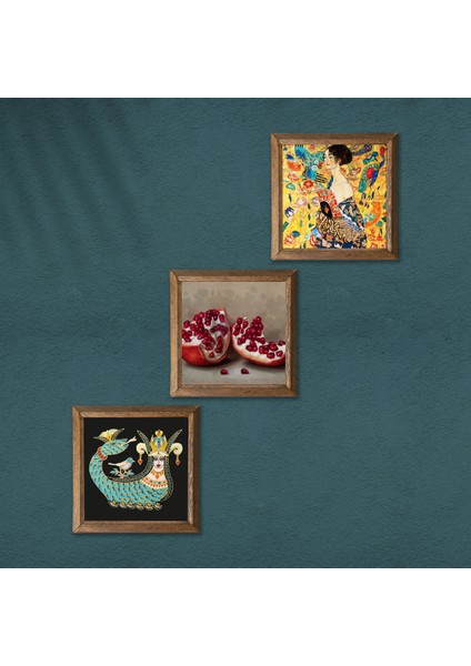 Gustav Klimt Yelpazeli Kadın, Şahmeran, Nar Ahşap Çerçeveli Taş Duvar Tablosu 3’lü Set – 25x25 cm Dekoratif Modern Sanat – Ev ve Ofis Dekoru |W3-1025| modelleri