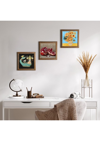 Van Gogh On İki Ayçiçekli Vazo, Şahmeran, Nar Ahşap Çerçeveli Taş Duvar Tablosu 3’lü Set – 25x25 cm Dekoratif Modern Sanat – Ev ve Ofis Dekoru |W3-1026|