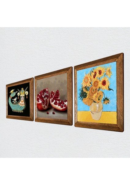 Van Gogh On İki Ayçiçekli Vazo, Şahmeran, Nar Ahşap Çerçeveli Taş Duvar Tablosu 3’lü Set – 25x25 cm Dekoratif Modern Sanat – Ev ve Ofis Dekoru |W3-1026| fiyatları