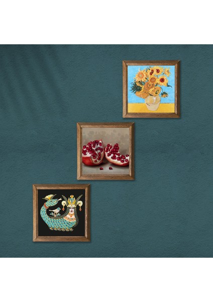 Van Gogh On İki Ayçiçekli Vazo, Şahmeran, Nar Ahşap Çerçeveli Taş Duvar Tablosu 3’lü Set – 25x25 cm Dekoratif Modern Sanat – Ev ve Ofis Dekoru |W3-1026| modelleri