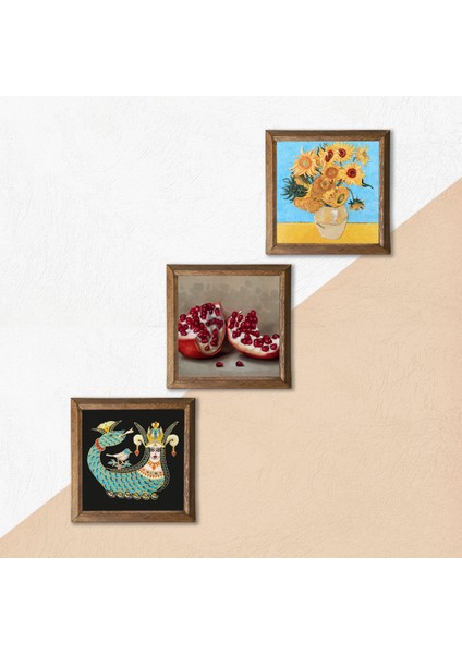Van Gogh On İki Ayçiçekli Vazo, Şahmeran, Nar Ahşap Çerçeveli Taş Duvar Tablosu 3’lü Set – 25x25 cm Dekoratif Modern Sanat – Ev ve Ofis Dekoru |W3-1026| indirimleri