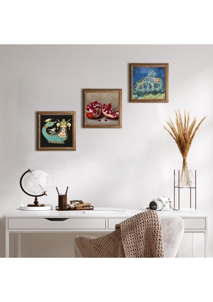 Van Gogh Auvers'deki Kilise, Şahmeran, Nar Taş Duvar Tablosu Ahşap Çerçeveli Duvar Dekoru 3 Parça Tablo Seti Wall Art W3-1030