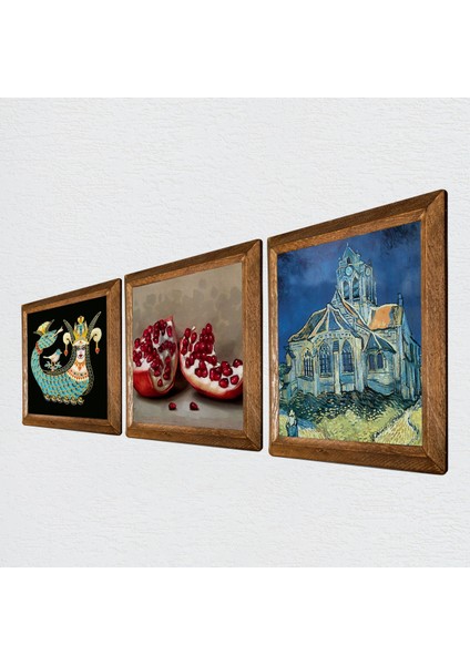 Van Gogh Auvers'deki Kilise, Şahmeran, Nar Taş Duvar Tablosu Ahşap Çerçeveli Duvar Dekoru 3 Parça Tablo Seti Wall Art W3-1030