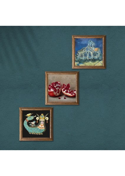 Van Gogh Auvers'deki Kilise, Şahmeran, Nar Taş Duvar Tablosu Ahşap Çerçeveli Duvar Dekoru 3 Parça Tablo Seti Wall Art W3-1030