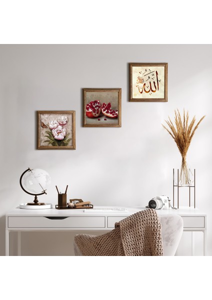 Allah Lafzı, Kelebekli Çiçek, Nar Taş Duvar Tablosu Ahşap Çerçeveli Duvar Dekoru 3 Parça Tablo Seti Wall Art W3-1231