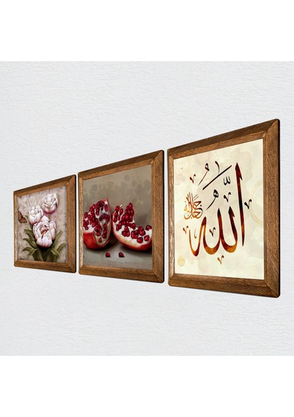 Allah Lafzı, Kelebekli Çiçek, Nar Taş Duvar Tablosu Ahşap Çerçeveli Duvar Dekoru 3 Parça Tablo Seti Wall Art W3-1231 fiyatları