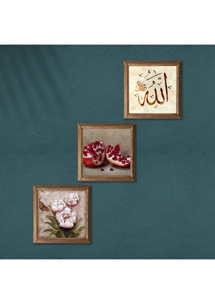 Allah Lafzı, Kelebekli Çiçek, Nar Taş Duvar Tablosu Ahşap Çerçeveli Duvar Dekoru 3 Parça Tablo Seti Wall Art W3-1231 modelleri