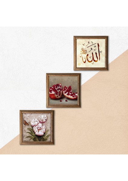 Allah Lafzı, Kelebekli Çiçek, Nar Taş Duvar Tablosu Ahşap Çerçeveli Duvar Dekoru 3 Parça Tablo Seti Wall Art W3-1231 indirimleri