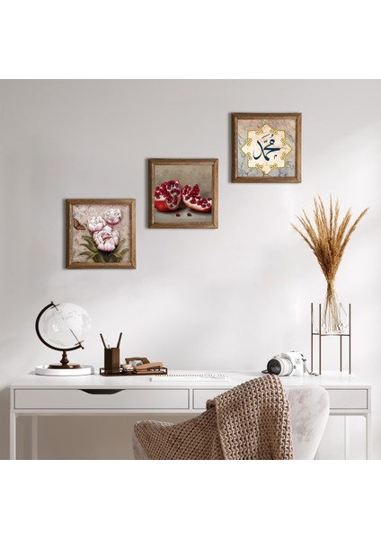 Hz. Muhammed Lafzı, Kelebekli Çiçek, Nar Taş Duvar Tablosu Ahşap Çerçeveli Duvar Dekoru 3 Parça Tablo Seti Wall Art W3-1233