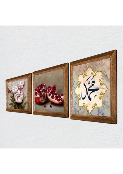 Hz. Muhammed Lafzı, Kelebekli Çiçek, Nar Taş Duvar Tablosu Ahşap Çerçeveli Duvar Dekoru 3 Parça Tablo Seti Wall Art W3-1233 fiyatları