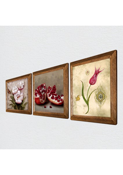 Lale Ebru Sanatı, Kelebekli Çiçek, Nar Taş Duvar Tablosu Ahşap Çerçeveli Duvar Dekoru 3 Parça Tablo Seti Wall Art W3-1236