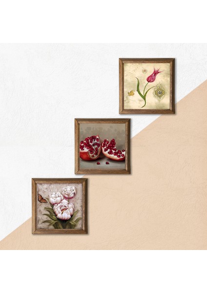 Lale Ebru Sanatı, Kelebekli Çiçek, Nar Taş Duvar Tablosu Ahşap Çerçeveli Duvar Dekoru 3 Parça Tablo Seti Wall Art W3-1236