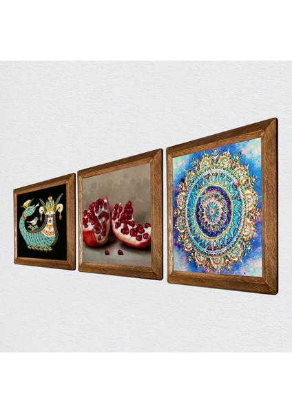 Mandala, Şahmeran, Nar Ahşap Çerçeveli Taş Duvar Tablosu 3’lü Set – 25x25 cm Dekoratif Modern Sanat – Ev ve Ofis Dekoru |W3-1010| fiyatları