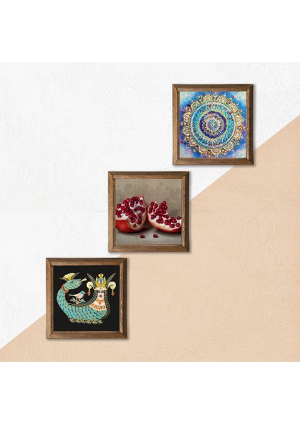 Mandala, Şahmeran, Nar Ahşap Çerçeveli Taş Duvar Tablosu 3’lü Set – 25x25 cm Dekoratif Modern Sanat – Ev ve Ofis Dekoru |W3-1010| indirimleri