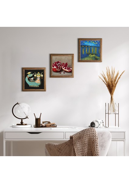 Van Gogh Ren Nehri’nde Yıldızlı Bir Gece, Şahmeran, Nar Taş Duvar Tablosu Ahşap Çerçeveli Duvar Dekoru 3 Parça Tablo Seti Wall Art W3-1031