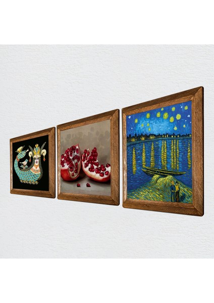 Van Gogh Ren Nehri’nde Yıldızlı Bir Gece, Şahmeran, Nar Taş Duvar Tablosu Ahşap Çerçeveli Duvar Dekoru 3 Parça Tablo Seti Wall Art W3-1031