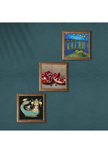 Van Gogh Ren Nehri’nde Yıldızlı Bir Gece, Şahmeran, Nar Taş Duvar Tablosu Ahşap Çerçeveli Duvar Dekoru 3 Parça Tablo Seti Wall Art W3-1031