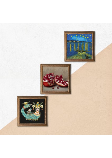 Van Gogh Ren Nehri’nde Yıldızlı Bir Gece, Şahmeran, Nar Taş Duvar Tablosu Ahşap Çerçeveli Duvar Dekoru 3 Parça Tablo Seti Wall Art W3-1031