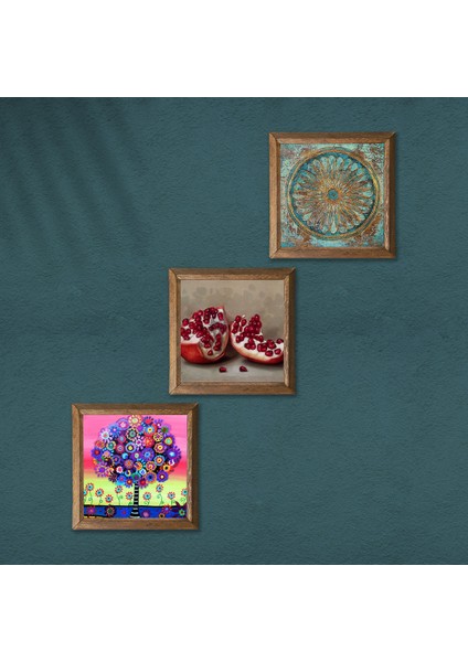Yaşam Çiçeği, Karla Gerard Hayat Ağacı, Nar Ahşap Çerçeveli Taş Duvar Tablosu 3’lü Set – 25x25 cm Dekoratif Modern Sanat – Ev ve Ofis Dekoru |W3-1051| modelleri