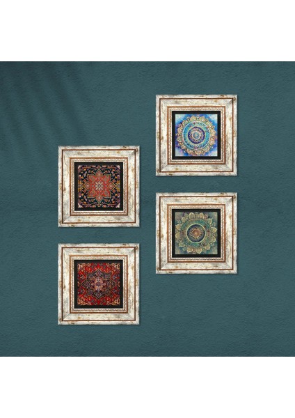 Desen, Mandala Taş Duvar Tablosu Çerçeveli Duvar Dekoru 4 Parça Tablo Seti Wall Art T4-1121