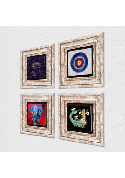 Nazar, Hayat Ağacı, Fil, Şahmeran Çerçeveli Taş Duvar Tablosu 4’lü Set - Dekoratif Modern Sanat, Ev ve Ofis Dekoru |TK4-1142| fiyatları