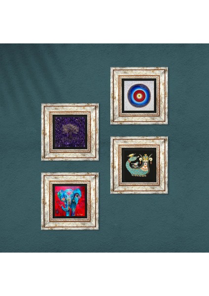Nazar, Hayat Ağacı, Fil, Şahmeran Çerçeveli Taş Duvar Tablosu 4’lü Set - Dekoratif Modern Sanat, Ev ve Ofis Dekoru |TK4-1142| fırsatları