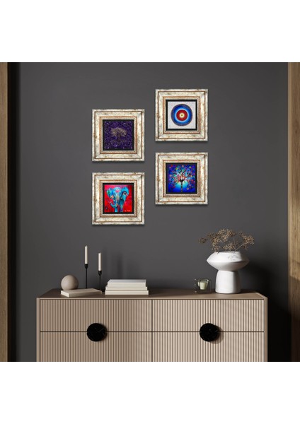 Nazar, Fil, Hayat Ağacı Çerçeveli Taş Duvar Tablosu 4’lü Set - Dekoratif Modern Sanat, Ev ve Ofis Dekoru |TK4-1148|