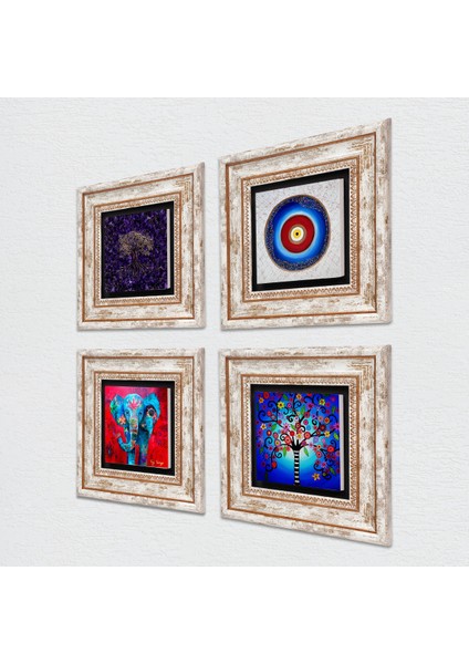 Nazar, Fil, Hayat Ağacı Çerçeveli Taş Duvar Tablosu 4’lü Set - Dekoratif Modern Sanat, Ev ve Ofis Dekoru |TK4-1148| fiyatları