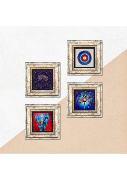 Nazar, Fil, Hayat Ağacı Çerçeveli Taş Duvar Tablosu 4’lü Set - Dekoratif Modern Sanat, Ev ve Ofis Dekoru |TK4-1148| indirimleri