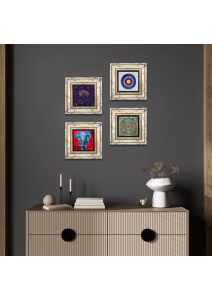 Nazar, Hayat Ağacı, Fil, Yaşam Çiçeği Taş Duvar Tablosu Çerçeveli Duvar Dekoru 4 Parça Tablo Seti Wall Art T4-1157