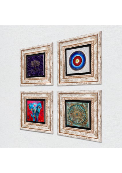 Nazar, Hayat Ağacı, Fil, Yaşam Çiçeği Taş Duvar Tablosu Çerçeveli Duvar Dekoru 4 Parça Tablo Seti Wall Art T4-1157 fiyatları