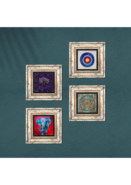 Nazar, Hayat Ağacı, Fil, Yaşam Çiçeği Taş Duvar Tablosu Çerçeveli Duvar Dekoru 4 Parça Tablo Seti Wall Art T4-1157 fırsatları