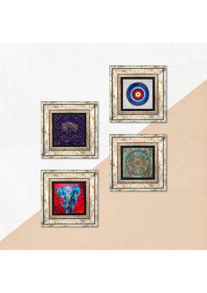 Nazar, Hayat Ağacı, Fil, Yaşam Çiçeği Taş Duvar Tablosu Çerçeveli Duvar Dekoru 4 Parça Tablo Seti Wall Art T4-1157 indirimleri