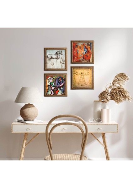Picasso, Leonardo da Vinci Taş Duvar Tablosu Ahşap Çerçeveli Duvar Dekoru 4 Parça Tablo Seti Wall Art W4-969