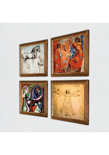 Picasso, Leonardo da Vinci Taş Duvar Tablosu Ahşap Çerçeveli Duvar Dekoru 4 Parça Tablo Seti Wall Art W4-969