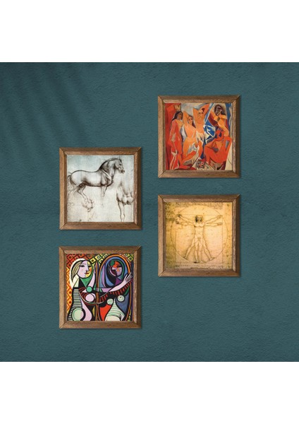 Picasso, Leonardo da Vinci Taş Duvar Tablosu Ahşap Çerçeveli Duvar Dekoru 4 Parça Tablo Seti Wall Art W4-969
