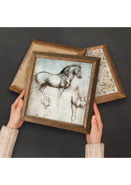 Picasso, Leonardo da Vinci Taş Duvar Tablosu Ahşap Çerçeveli Duvar Dekoru 4 Parça Tablo Seti Wall Art W4-969