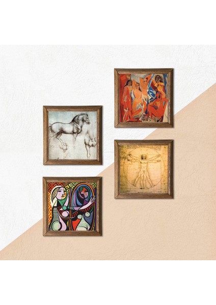Picasso, Leonardo da Vinci Taş Duvar Tablosu Ahşap Çerçeveli Duvar Dekoru 4 Parça Tablo Seti Wall Art W4-969
