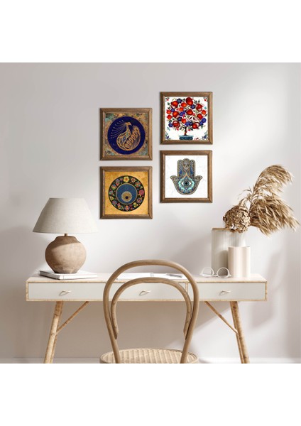 Tavus Kuşu, Nazar, Nar Ağacı, Fatma Ana Eli (Hamsa) Taş Duvar Tablosu Ahşap Çerçeveli Duvar Dekoru 4 Parça Tablo Seti Wall Art W4-977