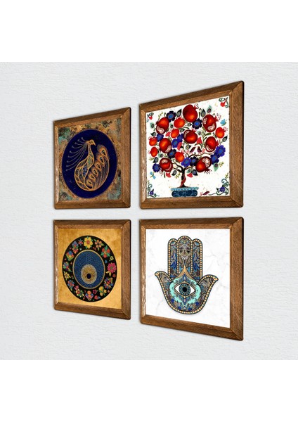 Tavus Kuşu, Nazar, Nar Ağacı, Fatma Ana Eli (Hamsa) Taş Duvar Tablosu Ahşap Çerçeveli Duvar Dekoru 4 Parça Tablo Seti Wall Art W4-977