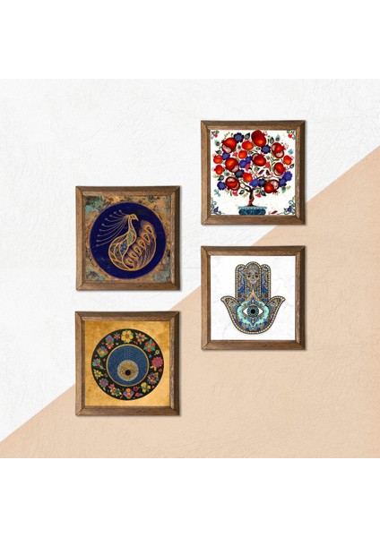 Tavus Kuşu, Nazar, Nar Ağacı, Fatma Ana Eli (Hamsa) Taş Duvar Tablosu Ahşap Çerçeveli Duvar Dekoru 4 Parça Tablo Seti Wall Art W4-977