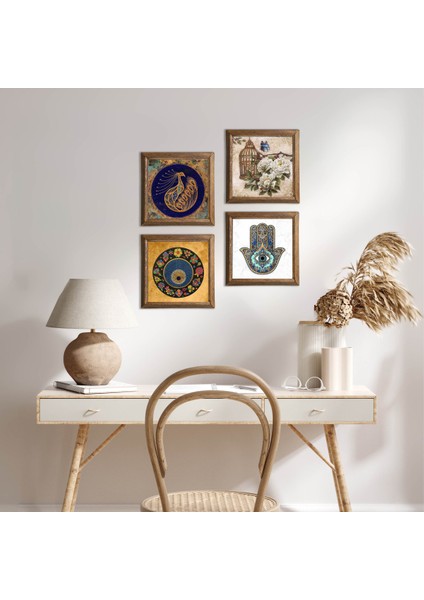 Tavus Kuşu, Nazar, Kelebekli Çiçek, Fatma Ana Eli (Hamsa) Taş Duvar Tablosu Ahşap Çerçeveli Duvar Dekoru 4 Parça Tablo Seti Wall Art W4-978