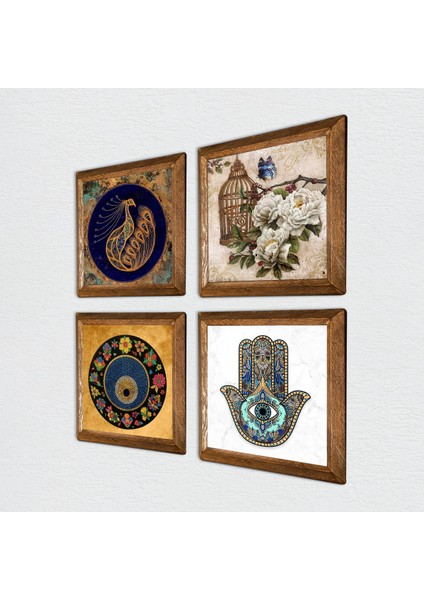 Tavus Kuşu, Nazar, Kelebekli Çiçek, Fatma Ana Eli (Hamsa) Taş Duvar Tablosu Ahşap Çerçeveli Duvar Dekoru 4 Parça Tablo Seti Wall Art W4-978