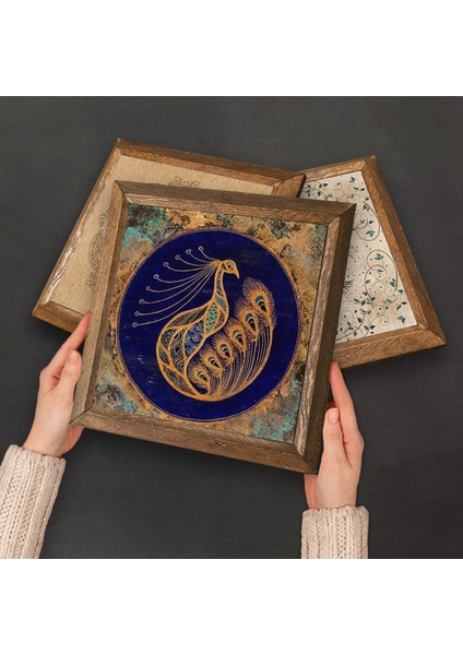 Tavus Kuşu, Nazar, Kelebekli Çiçek, Fatma Ana Eli (Hamsa) Taş Duvar Tablosu Ahşap Çerçeveli Duvar Dekoru 4 Parça Tablo Seti Wall Art W4-978