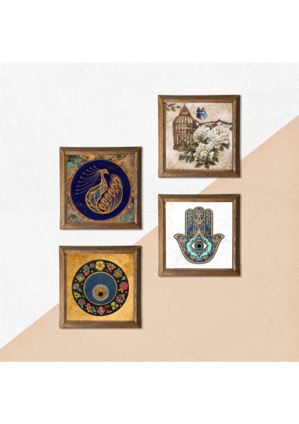 Tavus Kuşu, Nazar, Kelebekli Çiçek, Fatma Ana Eli (Hamsa) Taş Duvar Tablosu Ahşap Çerçeveli Duvar Dekoru 4 Parça Tablo Seti Wall Art W4-978