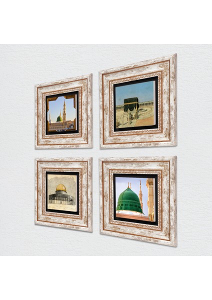 Kabe-i Muazzama, Mescid-i Aksa, Ravza-i Mutahhara Çerçeveli Taş Duvar Tablosu 4’lü Set - Dekoratif Modern Sanat, Ev ve Ofis Dekoru |TK4-1339| fiyatları