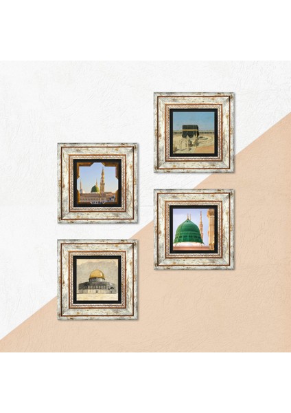 Kabe-i Muazzama, Mescid-i Aksa, Ravza-i Mutahhara Çerçeveli Taş Duvar Tablosu 4’lü Set - Dekoratif Modern Sanat, Ev ve Ofis Dekoru |TK4-1339| indirimleri
