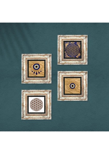Nazar, Yaşam Çiçeği Çerçeveli Taş Duvar Tablosu 4’lü Set - Dekoratif Modern Sanat, Ev ve Ofis Dekoru |TK4-1488| fırsatları
