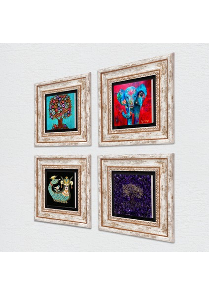 Fil, Hayat Ağacı, Şahmeran Çerçeveli Taş Duvar Tablosu 4’lü Set - Dekoratif Modern Sanat, Ev ve Ofis Dekoru |TK4-1296| fiyatları