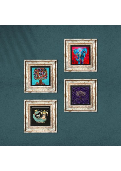Fil, Hayat Ağacı, Şahmeran Çerçeveli Taş Duvar Tablosu 4’lü Set - Dekoratif Modern Sanat, Ev ve Ofis Dekoru |TK4-1296| fırsatları